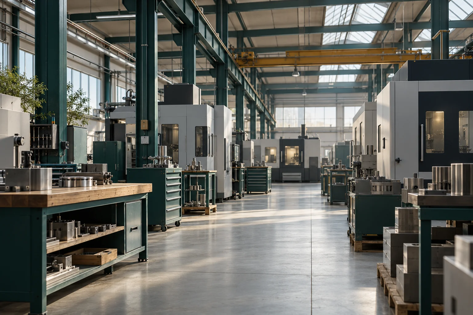 Ambiente produttivo contemporaneo con macchinari e strutture industriali